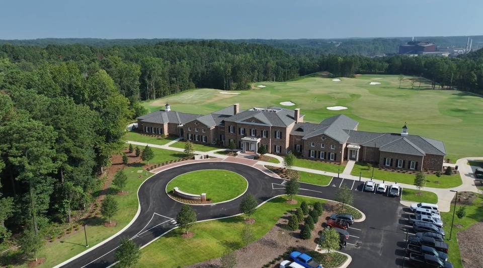 Aerial view of the Crimson Reserve clubhouse and fairways